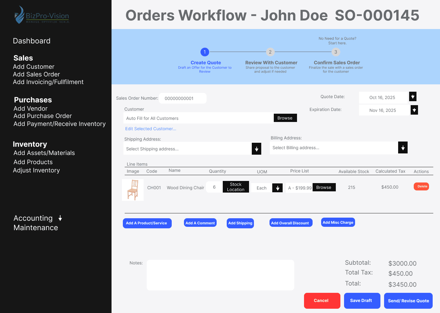 BizPro sales order workflow with guided steps