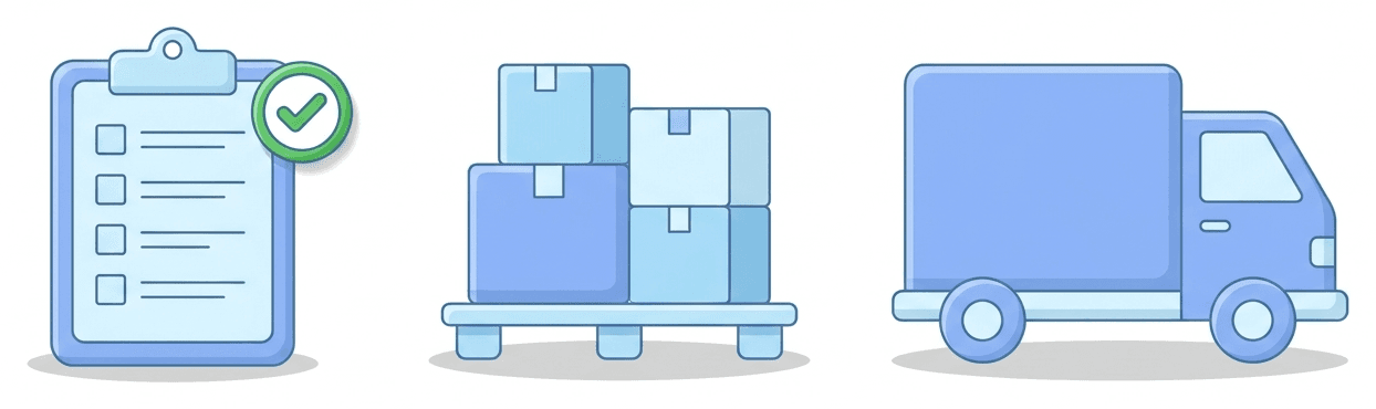 A purchase-order checklist, palletized stock, and a delivery truck staying in sync in BizPro-Vision