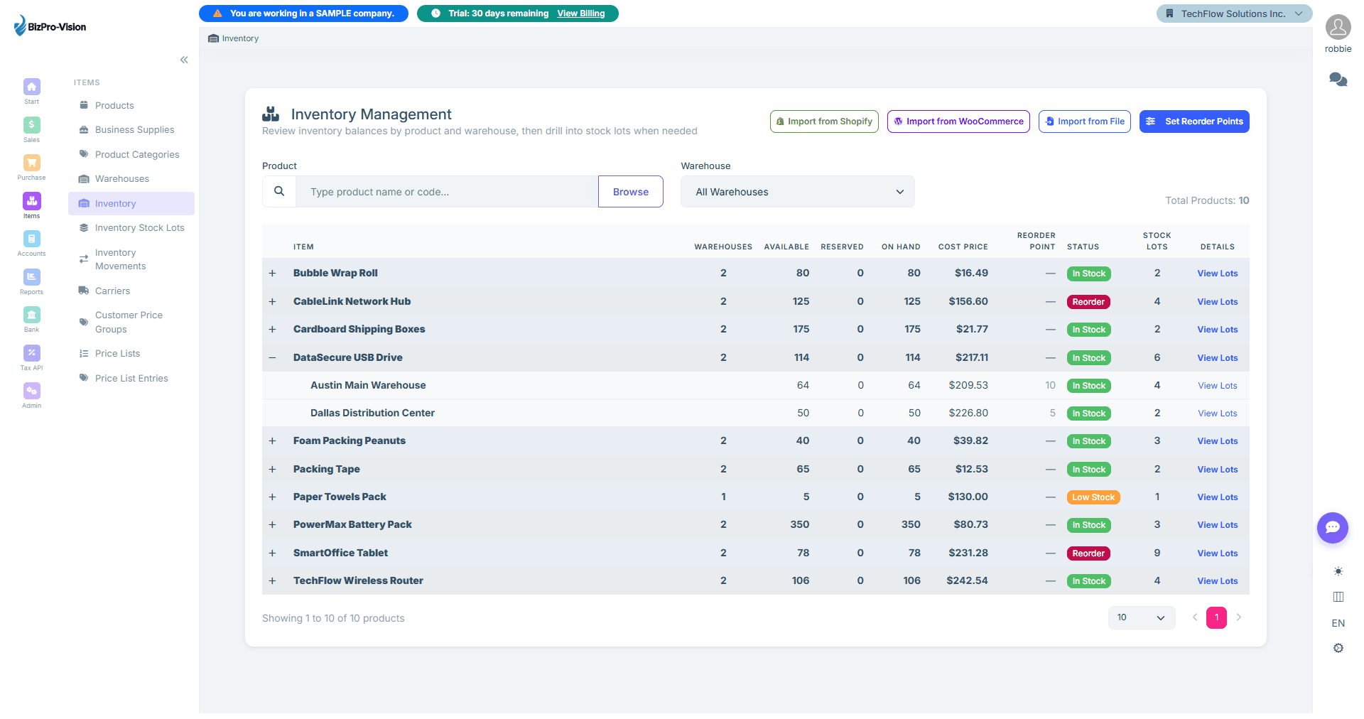 BizPro-Vision inventory management screen: stock levels across warehouses with reorder and stock status.